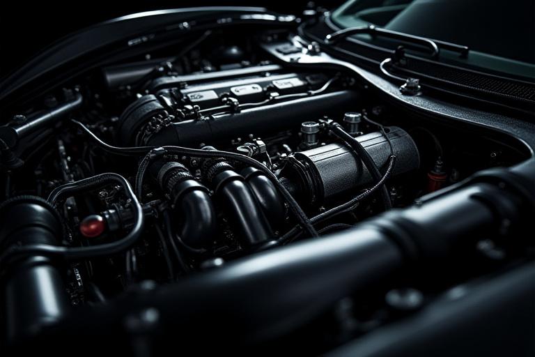 Vano motore di una supercar con dettagli in fibra di carbonio