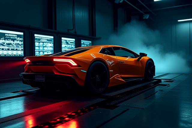 Auto sportiva su banco prova dinamometrico con schermi che mostrano grafici di potenza e coppia