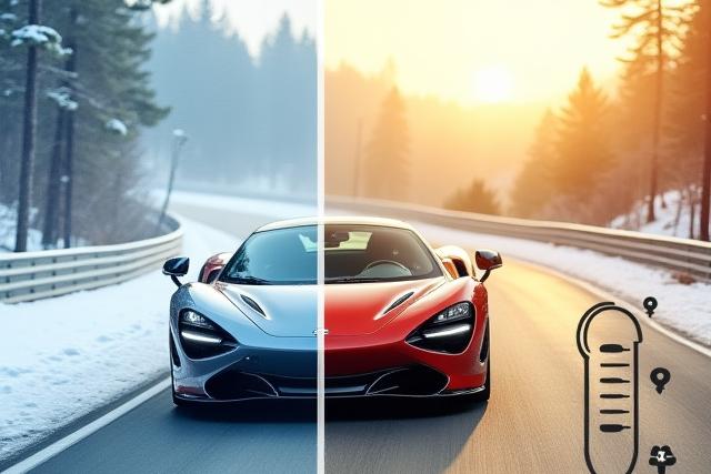 Auto sportiva su strada innevata e grafica di un termometro con sole e fiocchi di neve